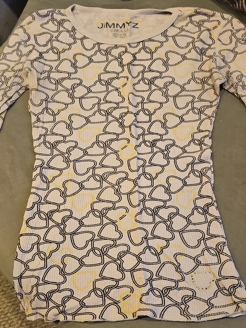 White Heart-Print Ribbed Top 3/4 Length Sleeves